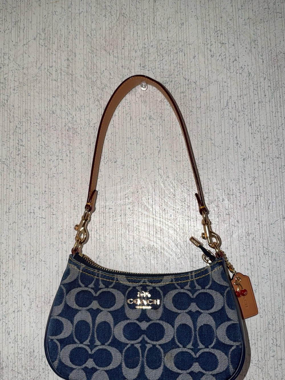 Coach Navy Denim Signature Mini Shoulder Bag with Tan Strap and matching wallet